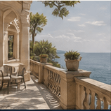 Sunlit terrace overlooking the Mediterranean coast